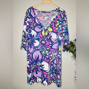 Lilly Pulitzer Floral Tunic Top XL Pink Blue Cotton Henley Resort Beach Cover Up